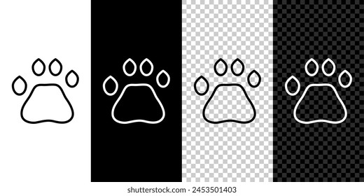Set line Bear paw footprint icon isolated on black and white, transparent background.  Vector