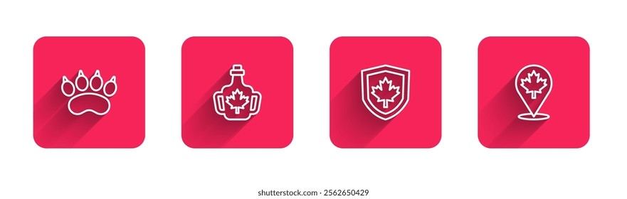 Set line Bear paw footprint, Bottle of maple syrup, Canada flag on shield and Canadian leaf with long shadow. Red square button. Vector