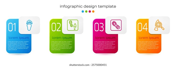 Set line Bear paw footprint, Human footprints shoes,  and Magnifying glass with footsteps. Business infographic template. Vector