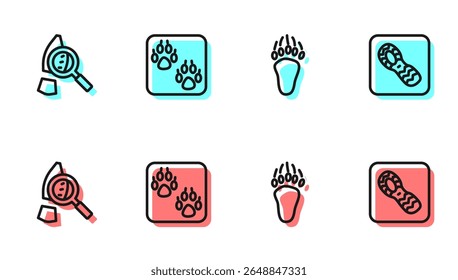 Definir linha Pegada de pata de urso, Lupa com passos, Paw e Human footprints ícone sapatos. Vetor