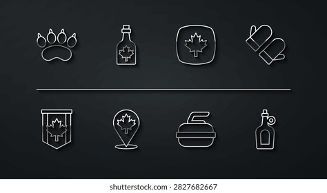 Set line Bear paw footprint, Pennant flag of Canada, Christmas mitten, Stone for curling, Canadian maple leaf, Bottle syrup,  and  icon. Vector