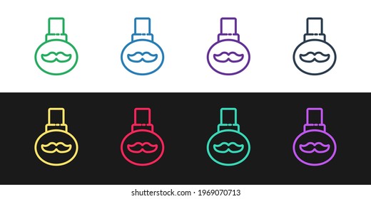 Set line Beard and mustaches care oil bottle icon isolated on black and white background. Glass bottle with pipette.  Vector Illustration