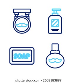 Set line Beard and mustaches care oil bottle, Bar of soap with foam, Bottle shampoo and Barbershop icon. Vector