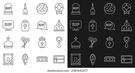Set line Beat dead in monitor, Tie, Church building, Memorial wreath, Funeral urn, Speech bubble rip death, Tombstone with RIP written and  icon. Vector