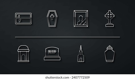 Set line Beat dead in monitor, Old crypt, Grave with cross, Church building, Tombstone RIP written, Coffin, Funeral urn and Mourning photo frame icon. Vector