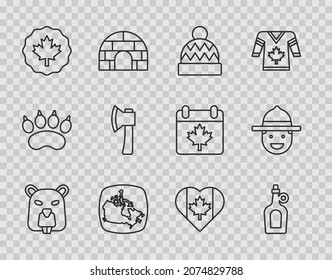 Set line Beaver animal, Bottle of maple syrup, Beanie hat, Canada, Canadian leaf, Wooden axe, Heart shaped flag and ranger icon. Vector