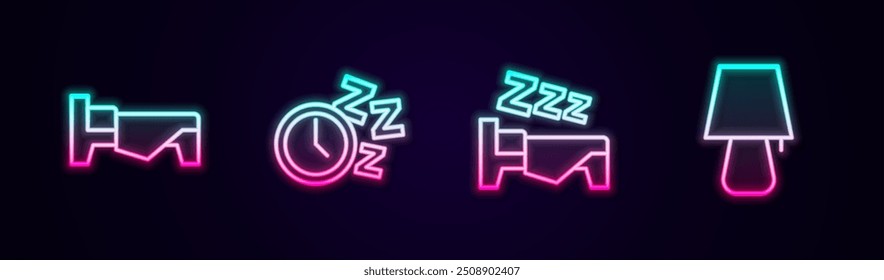 Cama de la línea del sistema, reloj despertador, tiempo para dormir y lámpara de mesa. Icono de neón brillante. Vector