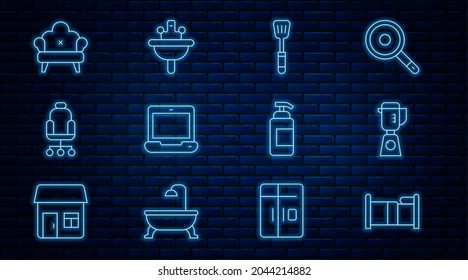 Set line Bed, Blender, Spatula, Laptop, Office chair, Sofa, Antibacterial soap and Washbasin icon. Vector