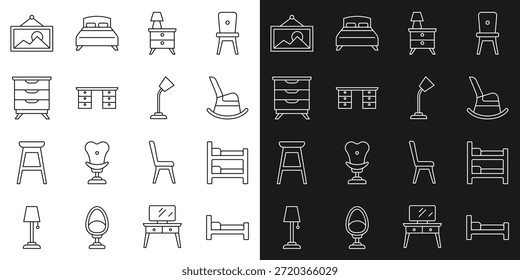 Cama, litera, mecedora, mesita de noche con la lámpara, escritorio de oficina, mesita de noche de los muebles, imagen e icono de la tabla. Vector