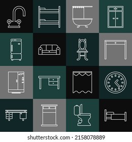 Set Line Bed, Clock, Wooden Table, Bathtub With Shower Curtain, Sofa, Refrigerator, Water Tap And Chair Icon. Vector