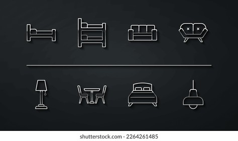 Set line Bed, Floor lamp, Sofa, Big bed, Table with chair, Bunk, Lamp hanging and  icon. Vector