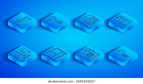 Set line Cama, Llave de la casa, Plan, Casa de bienes raíces en línea, e ícono. Vector