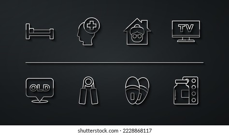 Fijar la línea de cama, el hogar de enfermería, la televisión inteligente, las zapatillas, el expansor deportivo, la cabeza masculina con el hospital, el paquete de blísters Pills y el icono. Vector