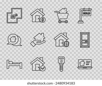 Set line Bed, Online real estate house, Shopping cart with, House check mark, plan, Realtor, key and Closed door icon. Vector