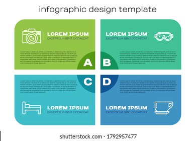 Set line Bed, Photo camera, Coffee cup and Ski goggles. Business infographic template. Vector