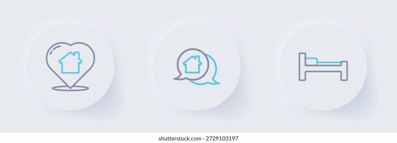 Set line Bed, Real estate message house and House with heart shape icon. Vector