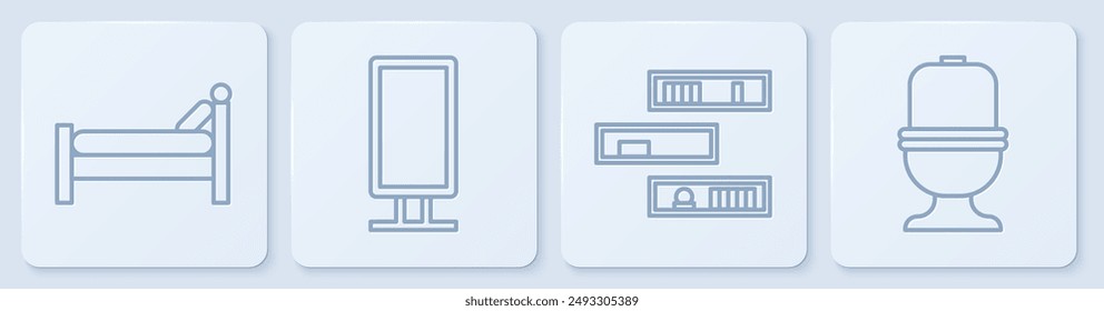 Set line Bed, Shelf with books, Big full length mirror and Toilet bowl. White square button. Vector