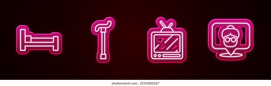 Set line Bed, Walking stick cane, Retro tv and Nursing home. Glowing neon icon. Vector