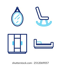 Set line Bed, Wardrobe, Armchair and Mirror icon. Vector