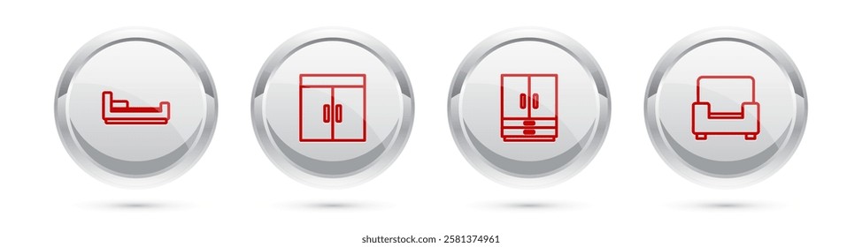 Set line Bed, Wardrobe,  and Armchair. Silver circle button. Vector