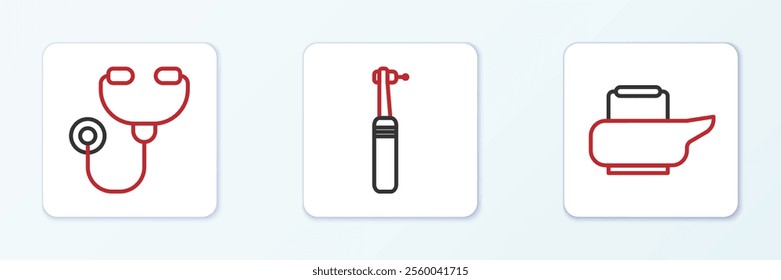Set line Bedpan, Stethoscope and Tooth drill icon. Vector