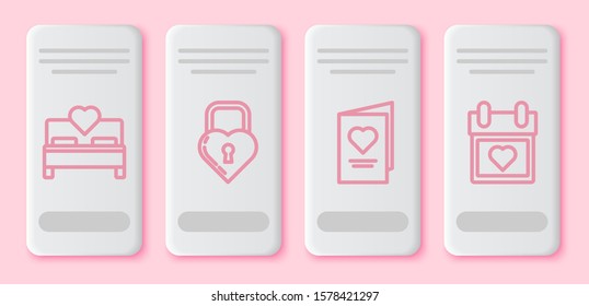 Set line Bedroom, Castle in the shape of a heart, Valentines day party flyer with heart and Calendar with heart. White rectangle button. Vector