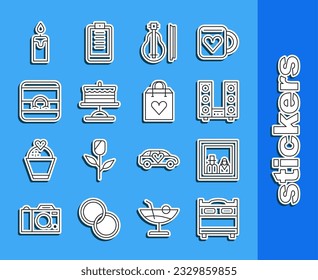 Set line Bedroom, Family photo, Home stereo with two speakers, Violin, Cake on plate, Wedding rings, Burning candle and Shopping bag heart icon. Vector