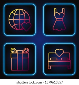 Set line Bedroom, Gift box, The heart world love and Woman dress. Gradient color icons. Vector