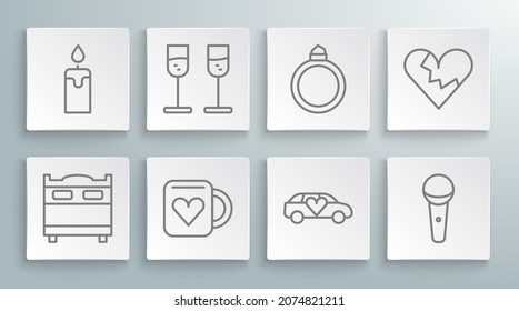 Set line Bedroom, Glass of champagne, Coffee cup and heart, Limousine car, Microphone, Diamond engagement ring, Broken or divorce and Burning candle icon. Vector