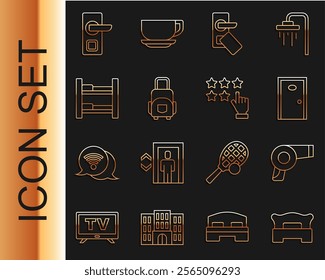 Set line Bedroom, Hair dryer, Hotel door, Digital lock, Suitcase, bed,  and Stars rating icon. Vector