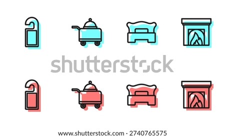 Set line Bedroom, Please do not disturb, Covered with tray of food and Interior fireplace icon. Vector