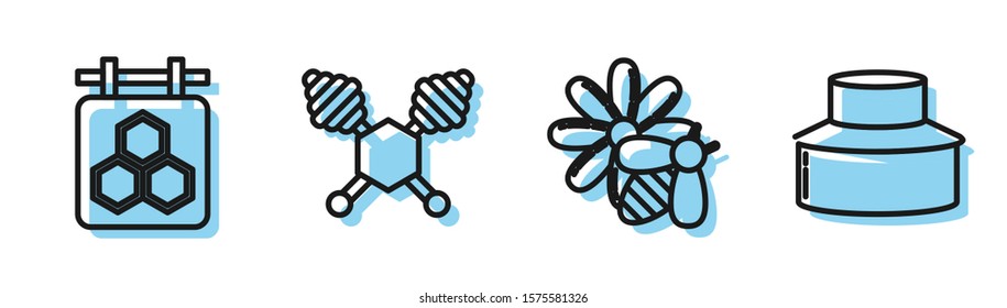Set line Bee and flower, Hanging sign with honeycomb, Honey dipper stick and Beekeeper with protect hat icon. Vector