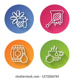 Set line Bee and flower, Honey dipper stick with dripping honey, Wooden barrel with honey and Cup of tea with honey. Color circle button. Vector