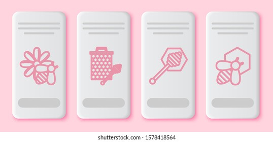 Set line Bee and flower, Honeycomb with honey dipper stickicon, Honey dipper stick and Bee and honeycomb. White rectangle button. Vector