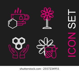 Set line Bee and flower, Honeycomb hands, Flower and Cup of tea with honey icon. Vector