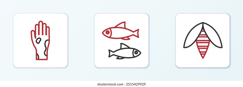 Set line Bee, Hand with psoriasis or eczema and Fish icon. Vector