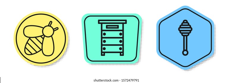 Set line Bee, Hive for bees and Honey dipper stick. Colored shapes. Vector