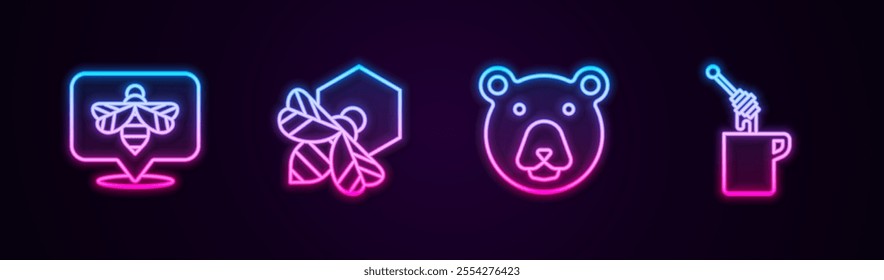 Set line Bee, and honeycomb, Bear head and Honey dipper stick with. Glowing neon icon. Vector