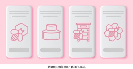 Set line Bee and honeycomb, Beekeeper with protect hat, Hive for bees and Bee and honeycomb. White rectangle button. Vector