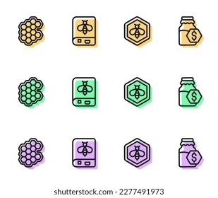 Set line Bee and honeycomb, Honeycomb, Book about bee and Sale in jar of icon. Vector