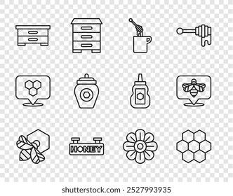 Definir linha Abelha e favo de mel, favo de mel, vareta de água com, Sinal de suspensão, Colmeia para abelhas, jarra de, Flor e ícone. Vetor