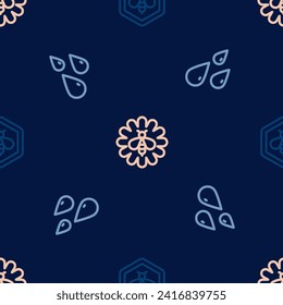 Fijar la línea de abeja y peine de miel, gotas de y flor en un patrón sin fisuras. Vector