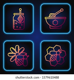 Set line Bee and honeycomb, Bee and flower, Jar of honey and honey dipper stick and Honey dipper stick and bowl. Gradient color icons. Vector