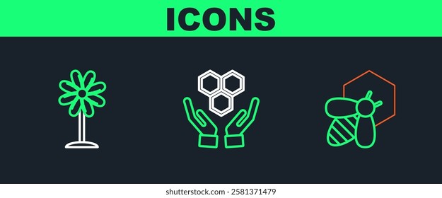 Set line Bee and honeycomb, Flower and Honeycomb hands icon. Vector