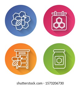 Set line Bee and honeycomb, Hanging sign with honeycomb, Hive for bees and Jar of honey. Color circle button. Vector