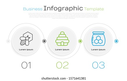 Set line Bee and honeycomb, Hive for bees and Jar of honey. Business infographic template. Vector