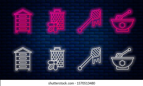 Set line Bee and honeycomb, Honey dipper stick with dripping honey, Hive for bees and Honey dipper stick and bowl. Glowing neon icon on brick wall. Vector
