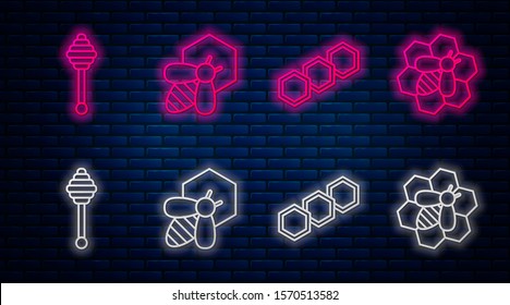 Set line Bee and honeycomb, Honeycomb, Honey dipper stick and Bee and honeycomb. Glowing neon icon on brick wall. Vector