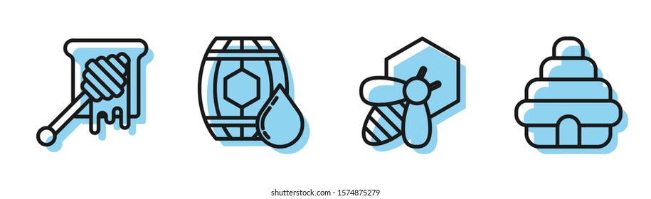 Set line Bee and honeycomb, Honey dipper stick with dripping honey, Wooden barrel with honey and Hive for bees icon. Vector