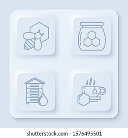 Set line Bee and honeycomb, Jar of honey, Hive for bees and Cup of tea with honey. White square button. Vector